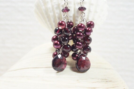 Garnet Cascade Earrings, Red Pearl Sterling Silver Dangle Earrings