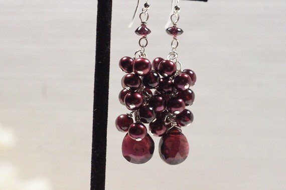 Garnet Cascade Earrings, Red Pearl Sterling Silver Dangle Earrings