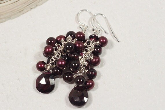 Garnet Cascade Earrings, Red Pearl Sterling Silver Dangle Earrings