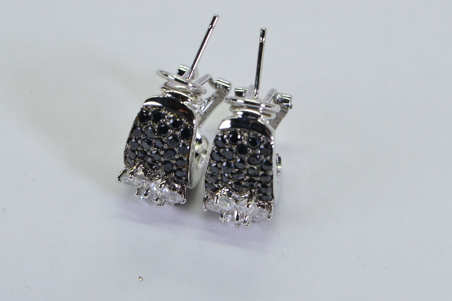 Black Tourmaline Cubic Zirconia Flower Hoop Earrings, Sterling Silver