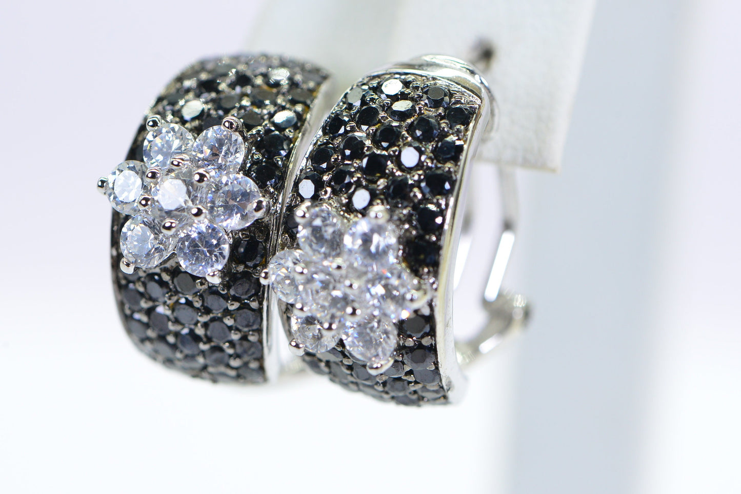 Black Tourmaline Cubic Zirconia Flower Hoop Earrings, Sterling Silver