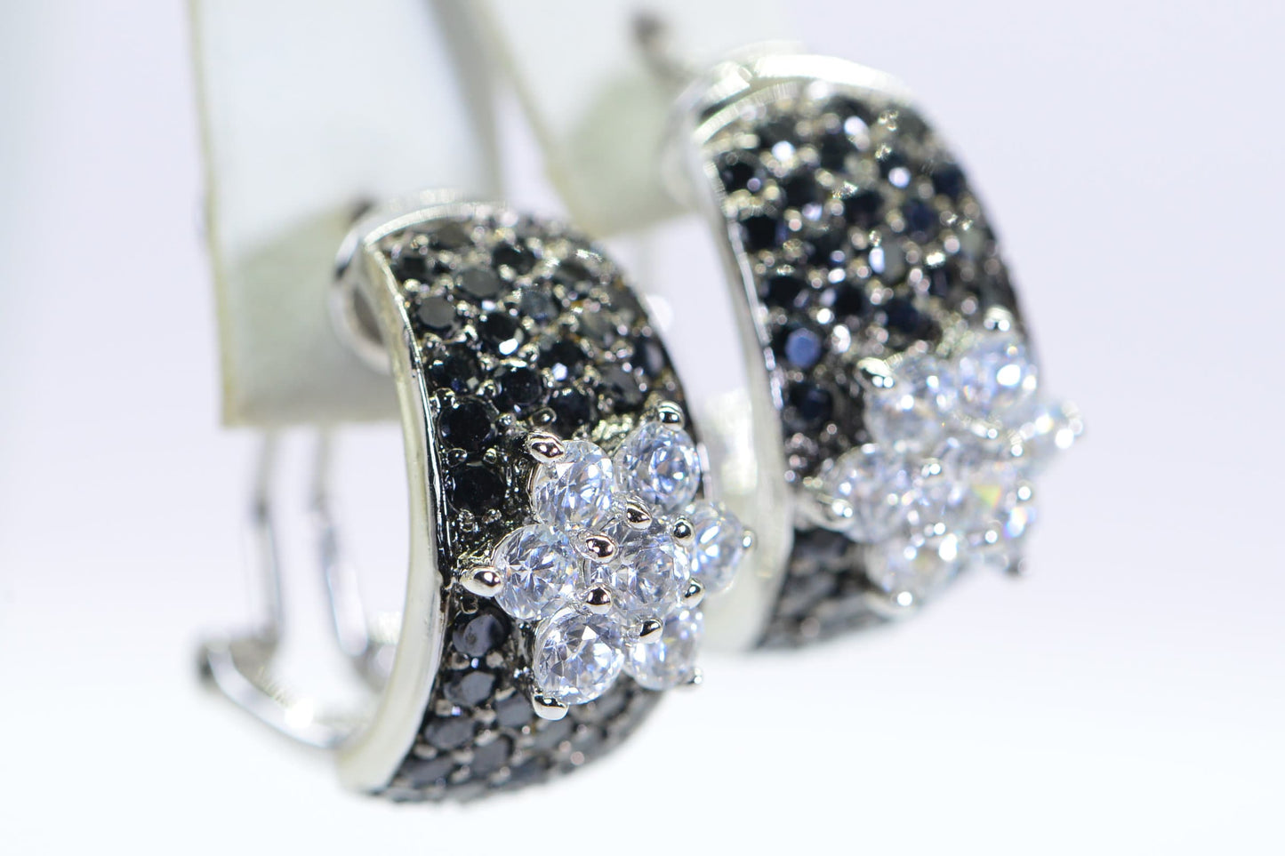 Black Tourmaline Cubic Zirconia Flower Hoop Earrings, Sterling Silver