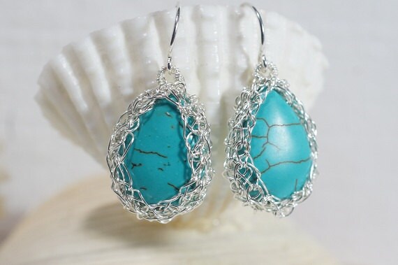 Handmade Wire Crochet Turquoise Earrings, Silver Filled