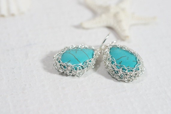 Handmade Wire Crochet Turquoise Earrings, Silver Filled