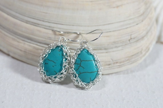 Handmade Wire Crochet Turquoise Earrings, Silver Filled