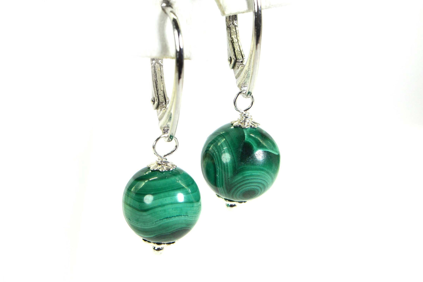 Malachite Earrings: Sterling Silver Round Drop Earrings