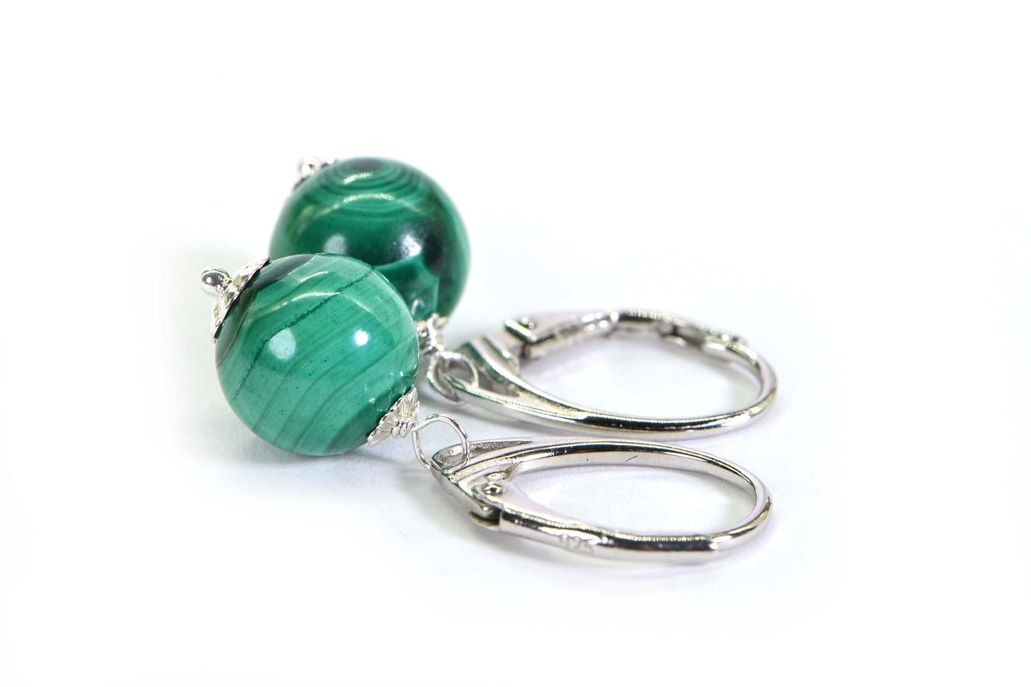 Malachite Earrings: Sterling Silver Round Drop Earrings