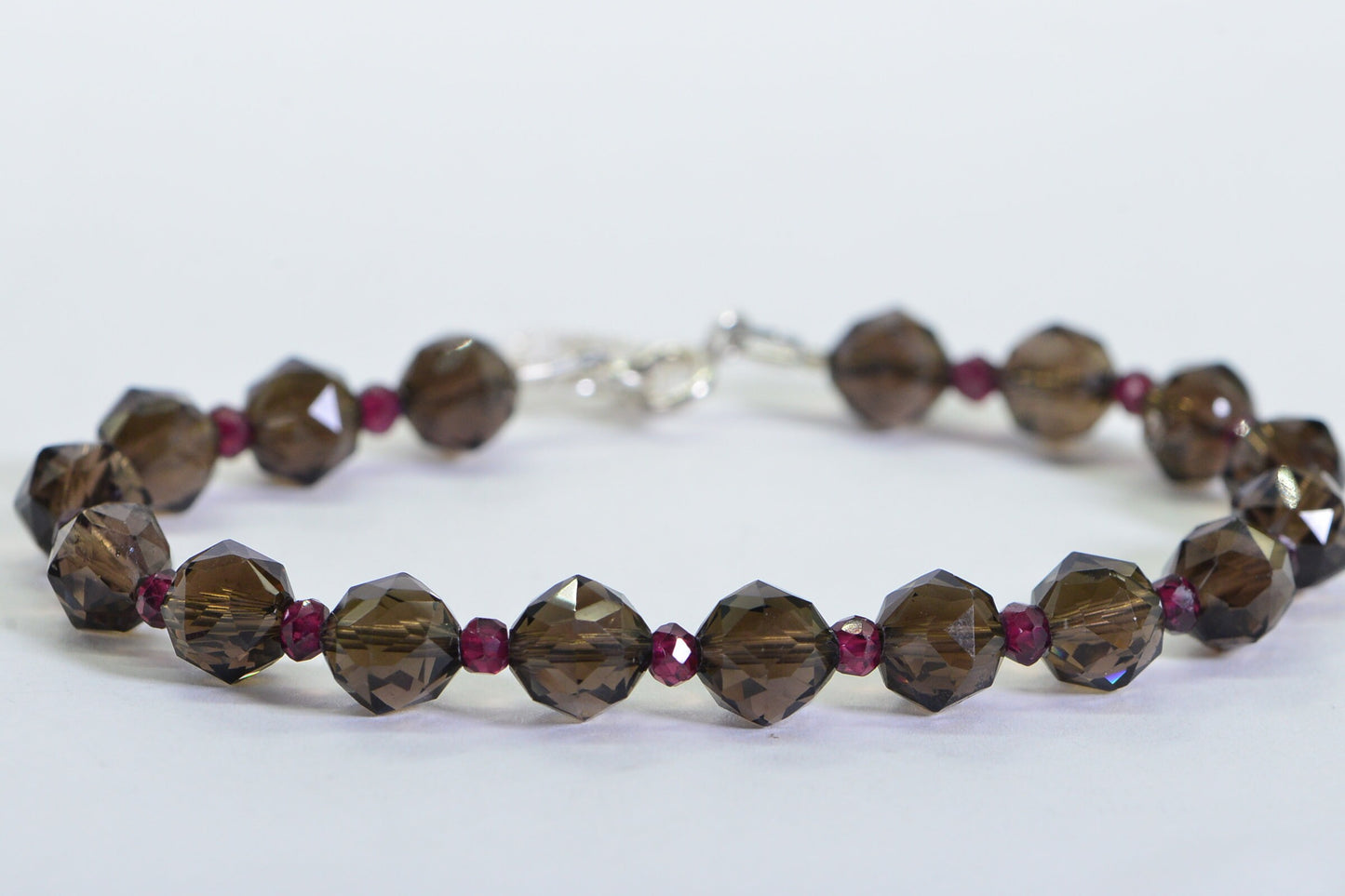 Smoky Quartz Garnet Bracelet: Sterling Silver Heart Charm, Gemstone Jewelry