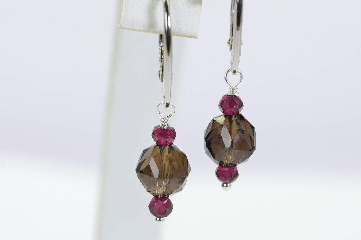 Smoky Quartz Garnet Dangle Earrings: Sterling Silver Hoop Gemstone Earrings