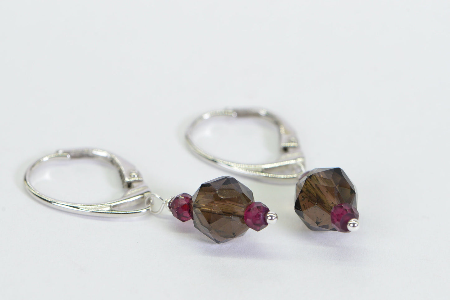 Smoky Quartz Garnet Dangle Earrings: Sterling Silver Hoop Gemstone Earrings