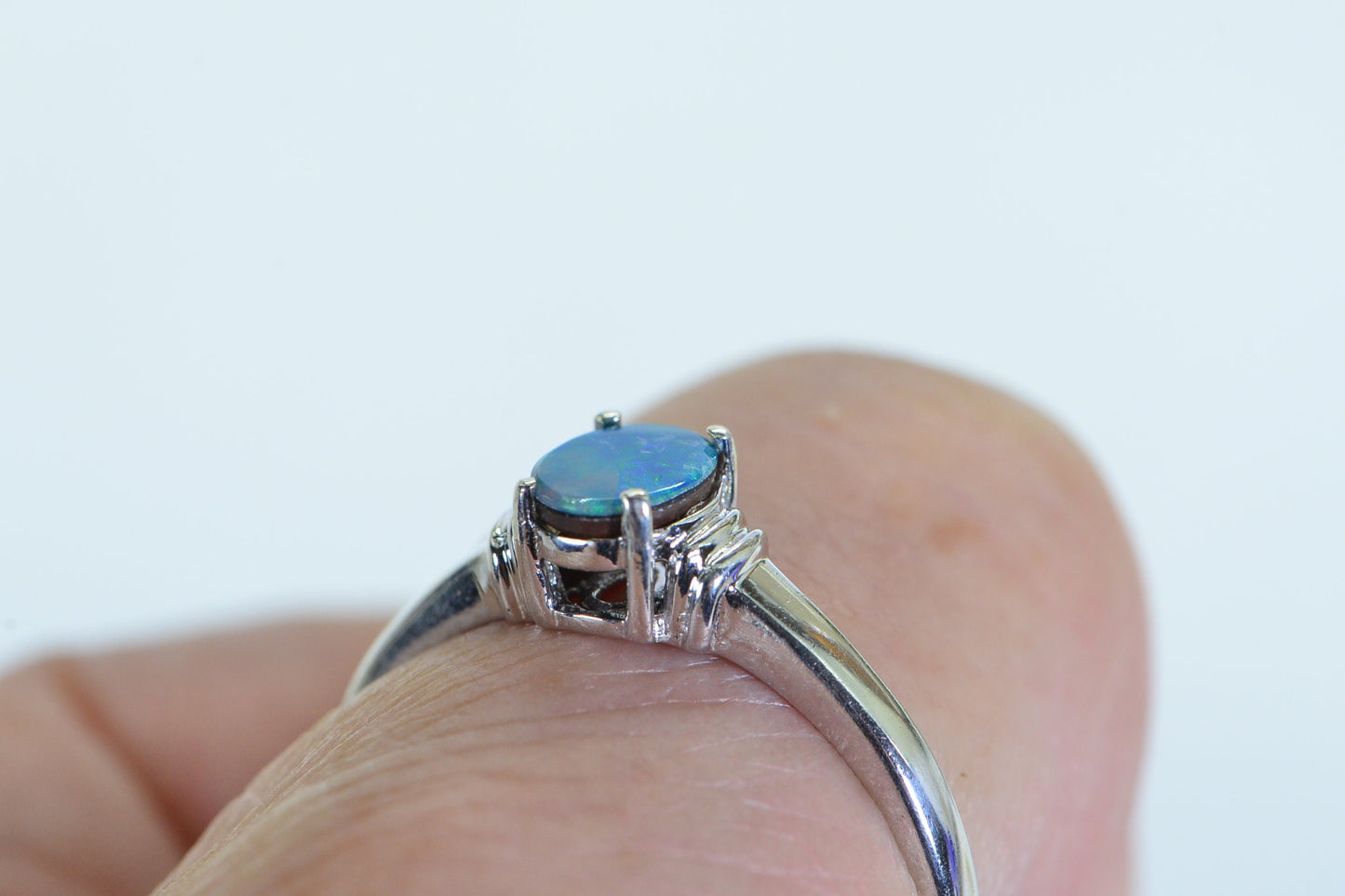 Australian Opal Ring: Sterling Silver Minimalist Band, Blue-Green Gemstone