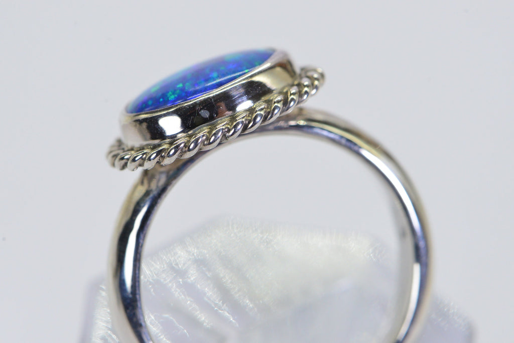 Australian Black Opal Ring: Sterling Silver Bezel, October Birthstone, Size 7