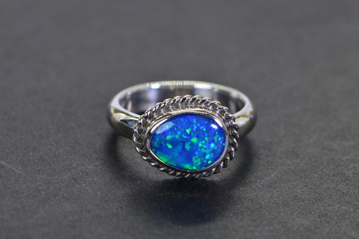 Australian Black Opal Ring: Sterling Silver Bezel, October Birthstone, Size 7