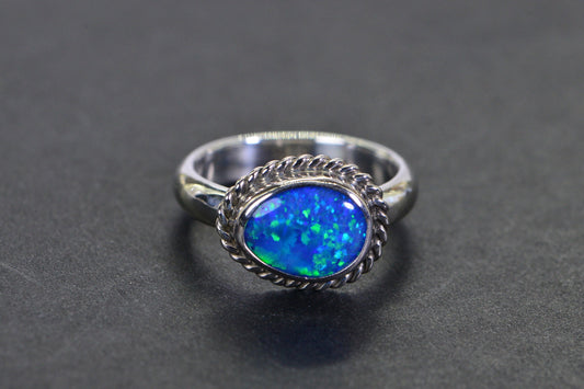 Australian Black Opal Ring: Sterling Silver Bezel, October Birthstone, Size 7