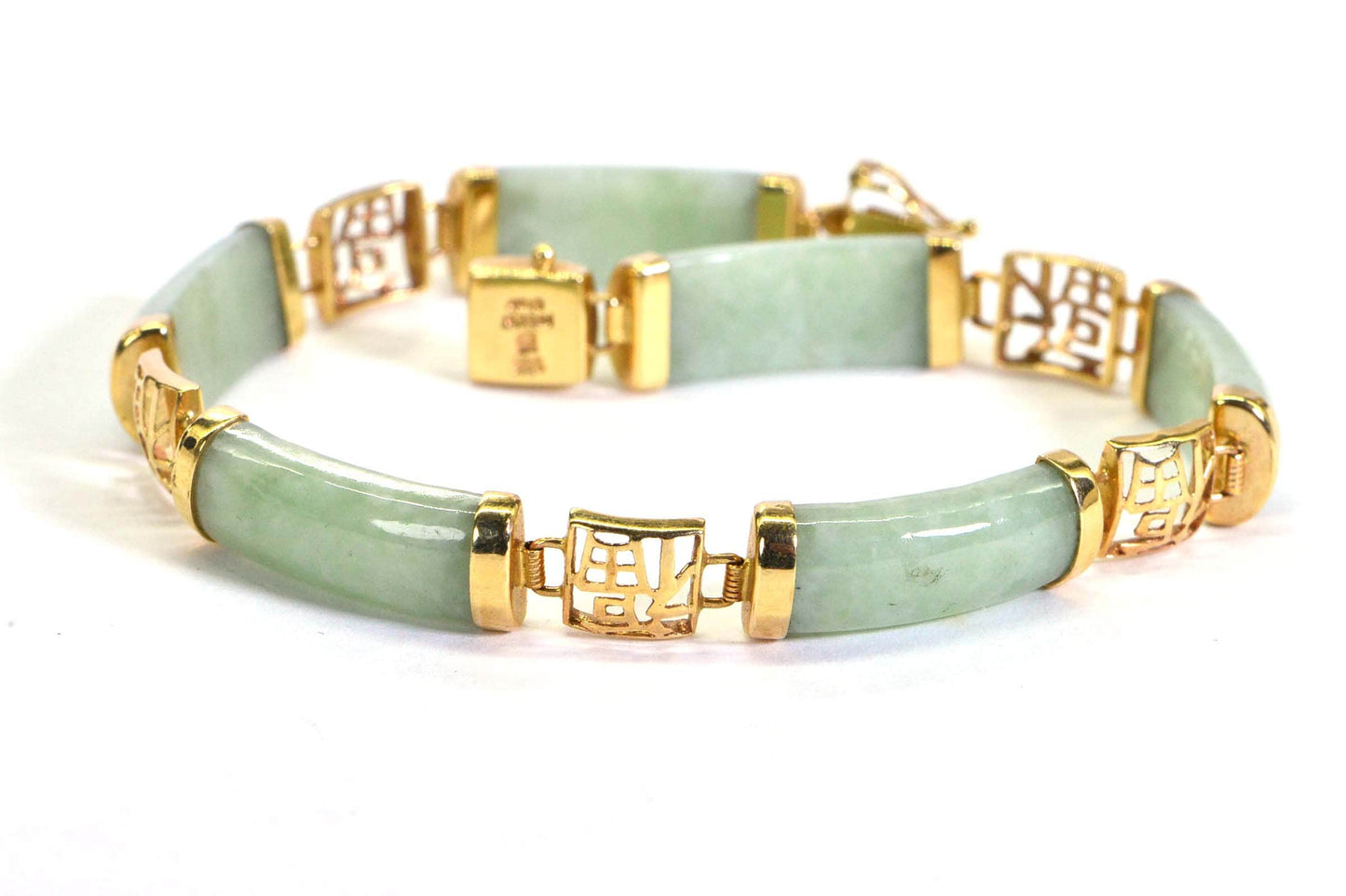 Lucky Mint Green Jade Bracelet, 14K Gold Vintage Link Bracelet