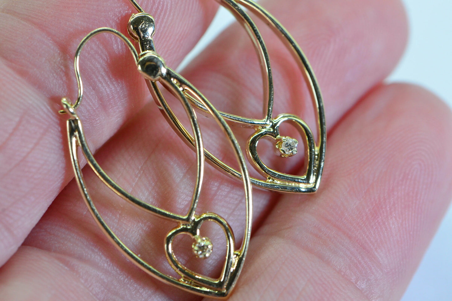 Vintage 80th Solid 14K Gold Diamond Gypsy Design Earrings Oval Gold Hoops Gift Idea For Mother Daughter