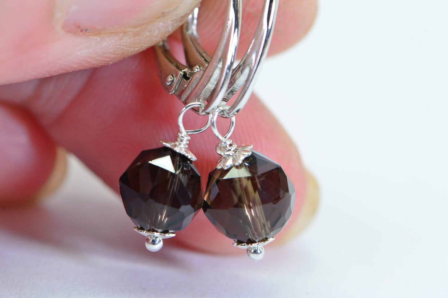 Smoky Quartz Dangle Earrings: Sterling Silver Hoop, Gemstone Drop