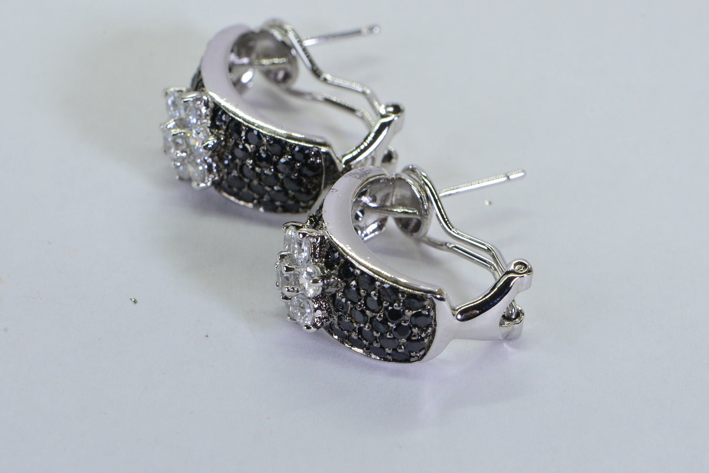 Black Tourmaline Cubic Zirconia Flower Hoop Earrings, Sterling Silver