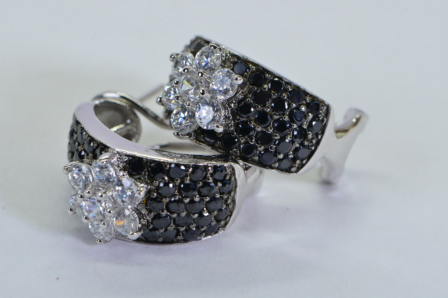 Black Tourmaline Cubic Zirconia Flower Hoop Earrings, Sterling Silver