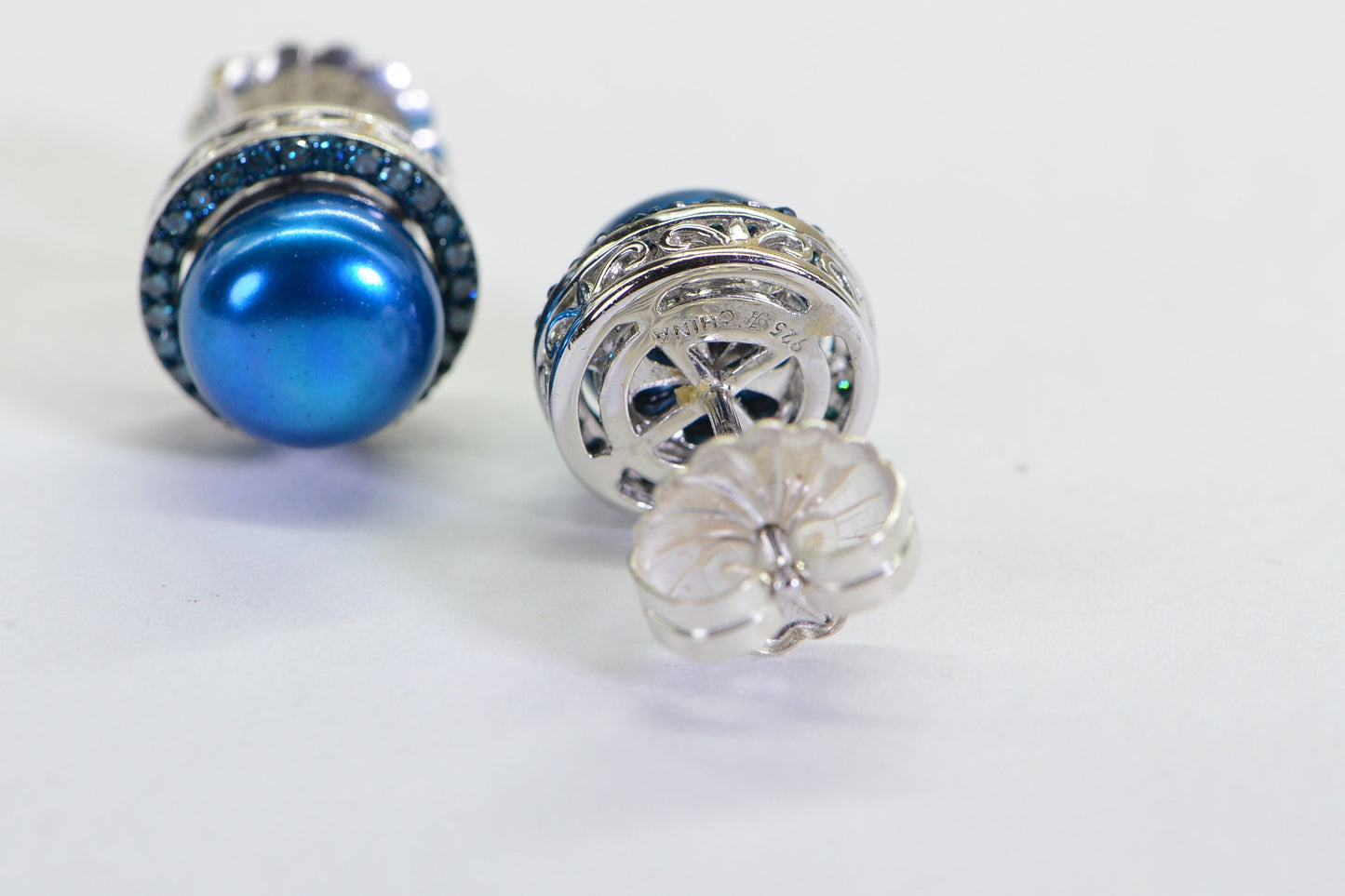 Blue Diamond Freshwater Pearl Stud Earrings: 14K White Gold over Sterling Silver
