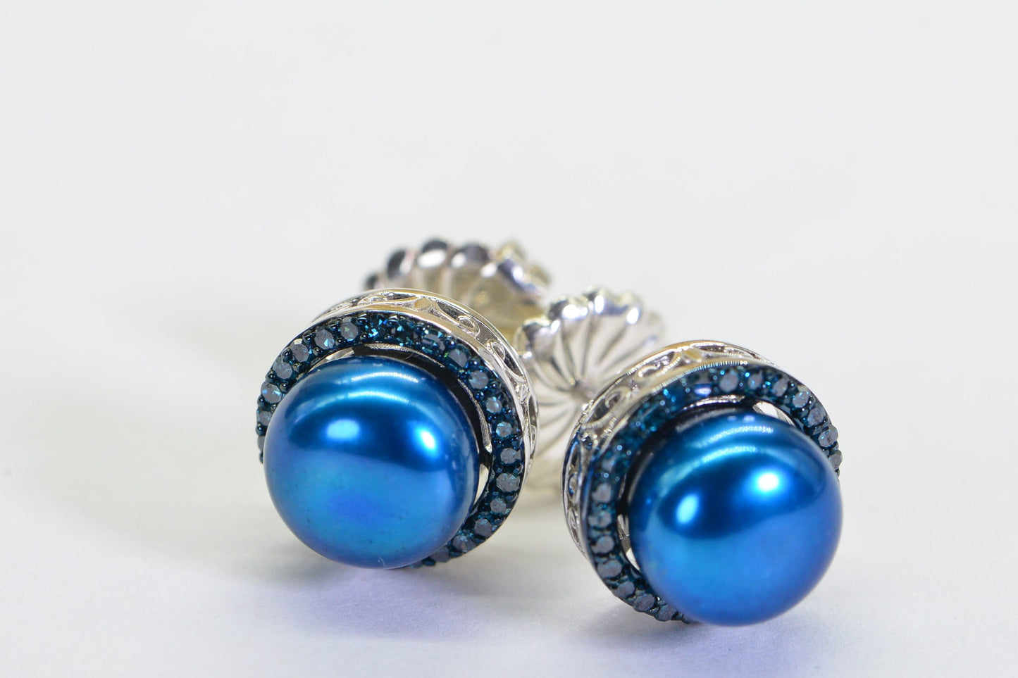 Blue Diamond Freshwater Pearl Stud Earrings: 14K White Gold over Sterling Silver