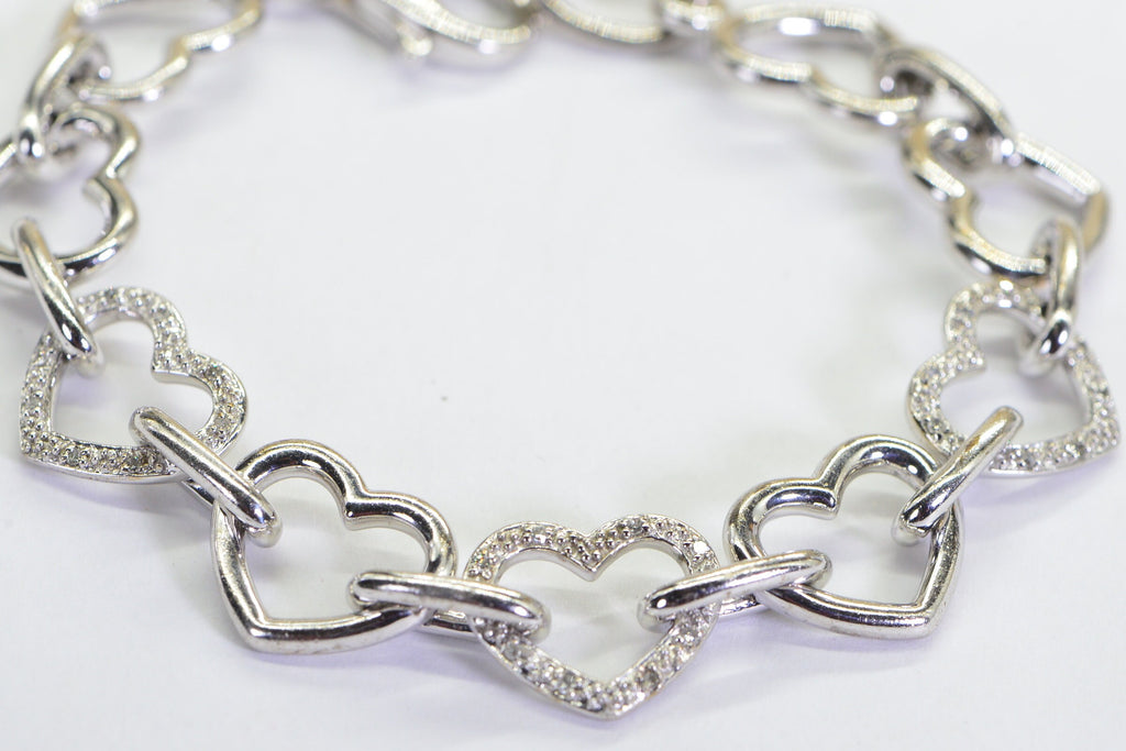 925 Sterling Silver - Genuine Diamonds Open Love Hearts Chain Heavy  Large Hearts Bracelet For Women Or Men Anniversary Gift