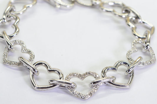 925 Sterling Silver - Genuine Diamonds Open Love Hearts Chain Heavy  Large Hearts Bracelet For Women Or Men Anniversary Gift