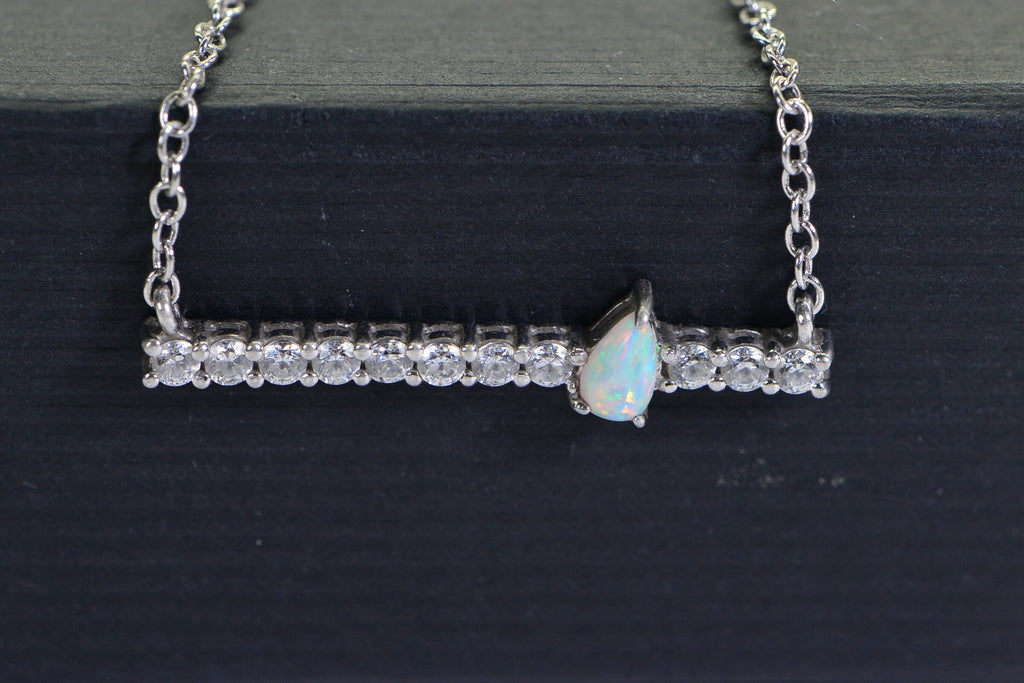 White Opal Necklace: Sterling Silver Simulated Diamond Bar Choker