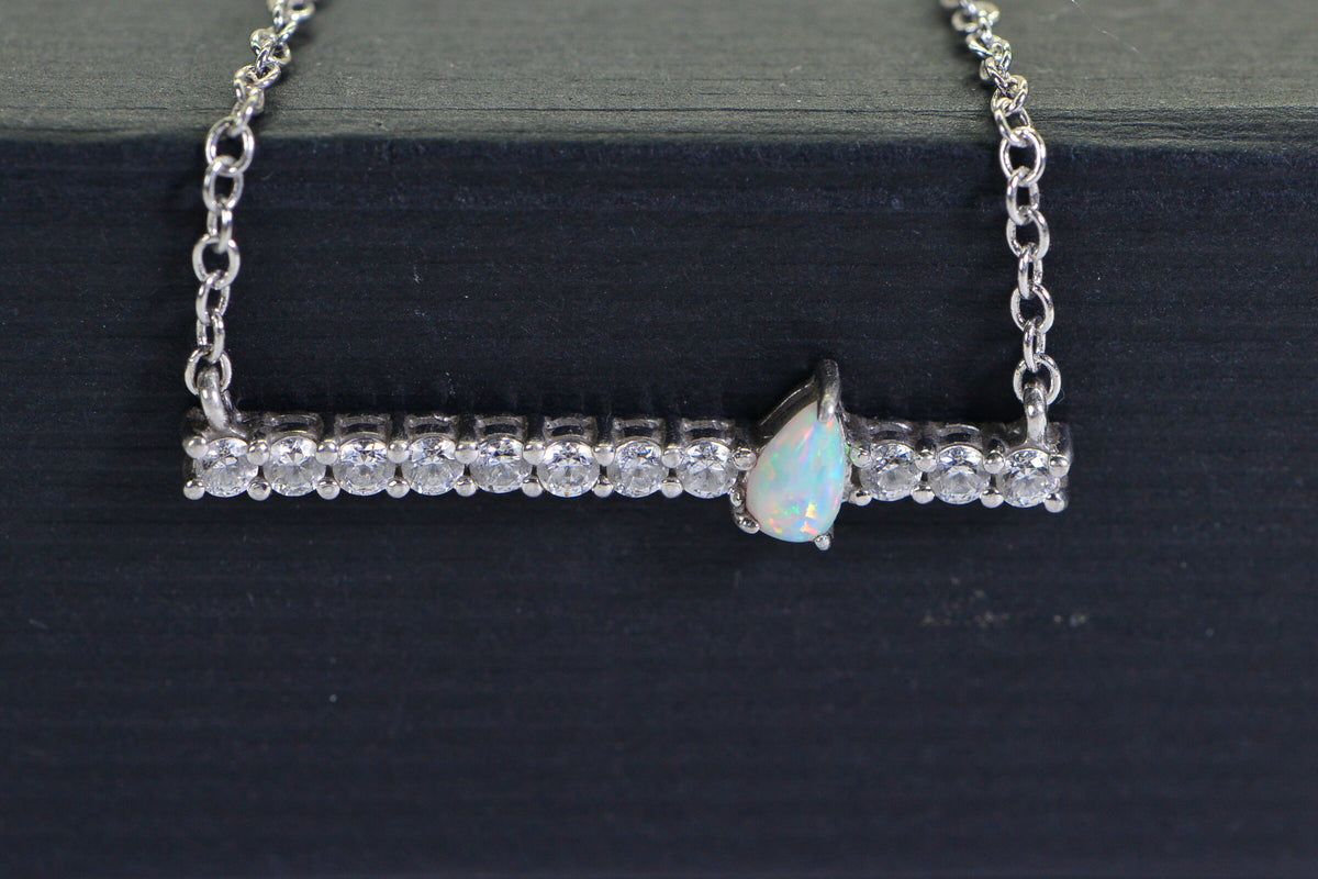 White Opal Necklace: Sterling Silver Simulated Diamond Bar Choker