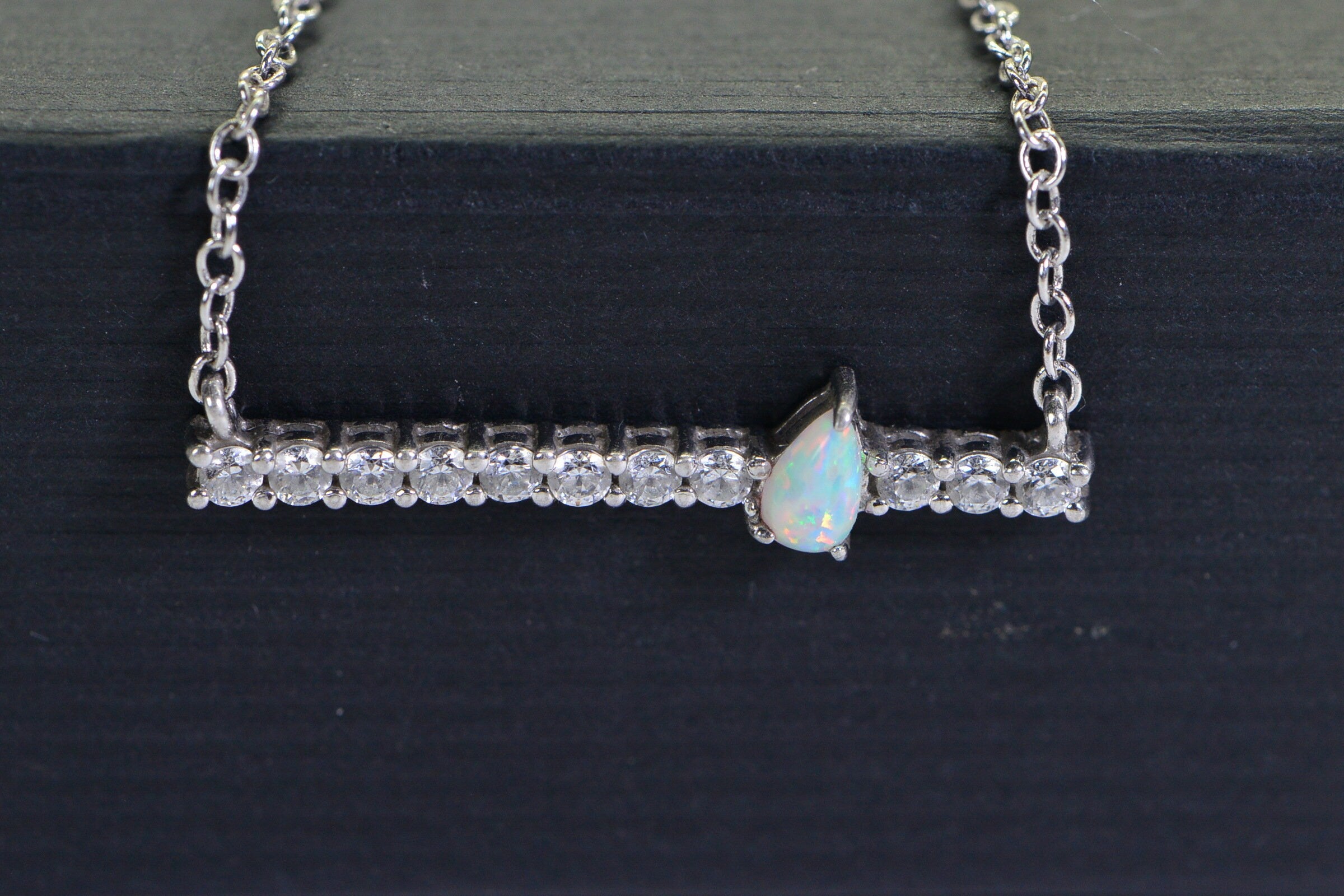 White Opal Necklace: Sterling Silver Simulated Diamond Bar Choker