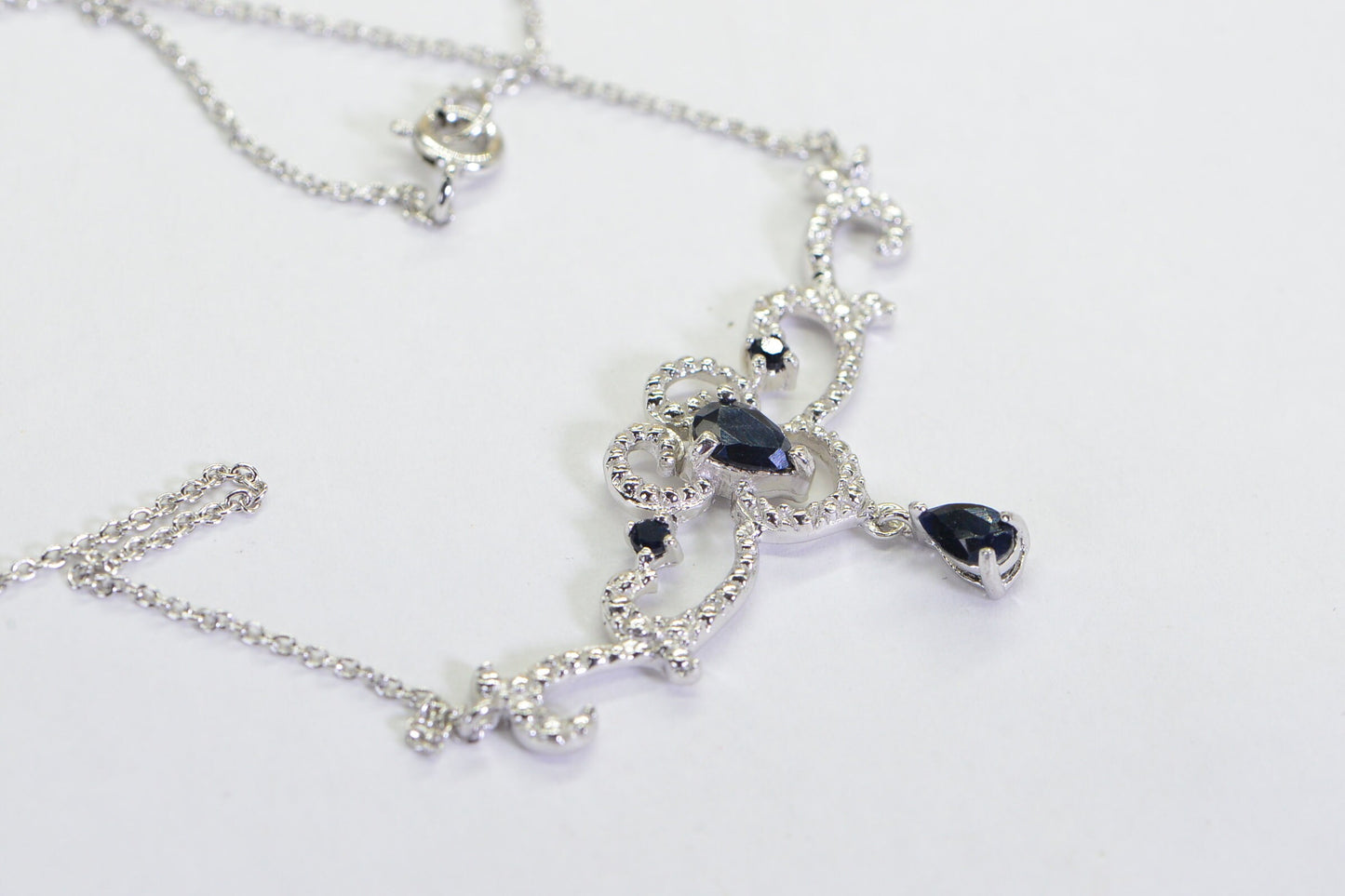 Sapphire Teardrop Necklace: Sterling Silver Filigree, Vintage Style