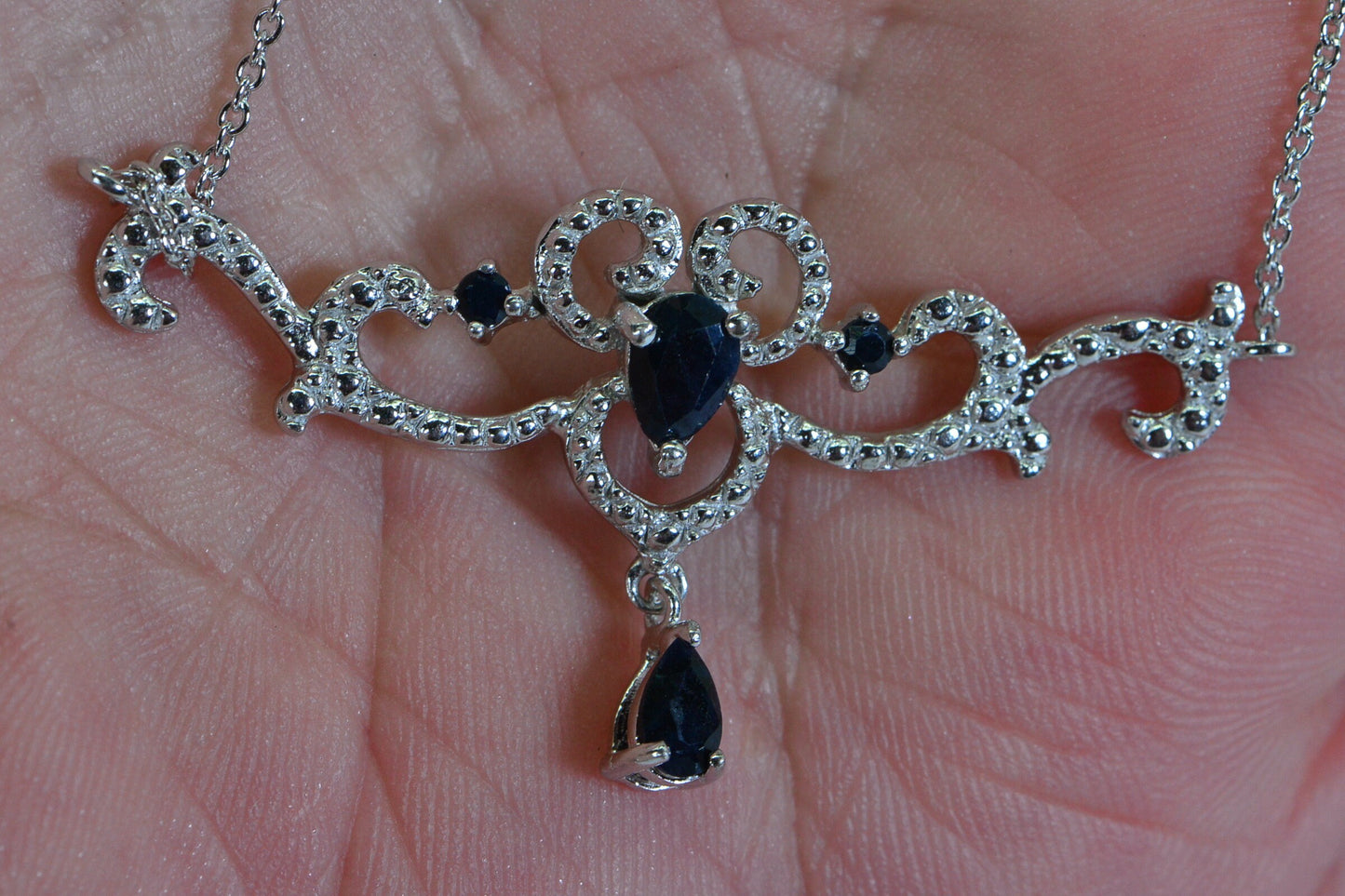 Sapphire Teardrop Necklace: Sterling Silver Filigree, Vintage Style