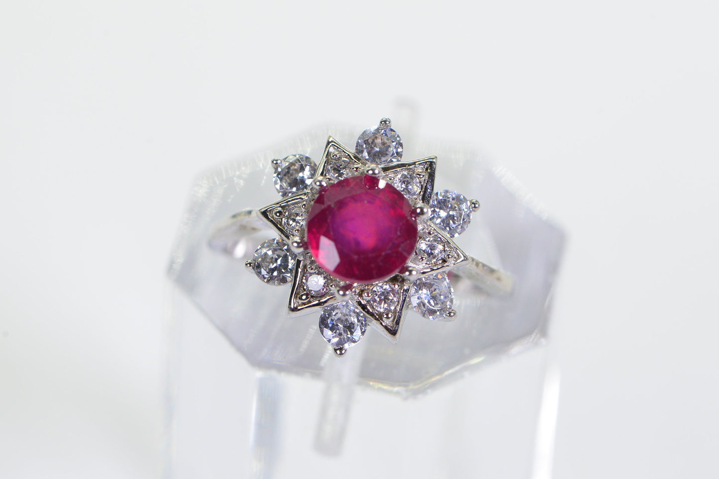 Natural Ruby Sterling Silver Ring: Vintage Halo Engagement Ring