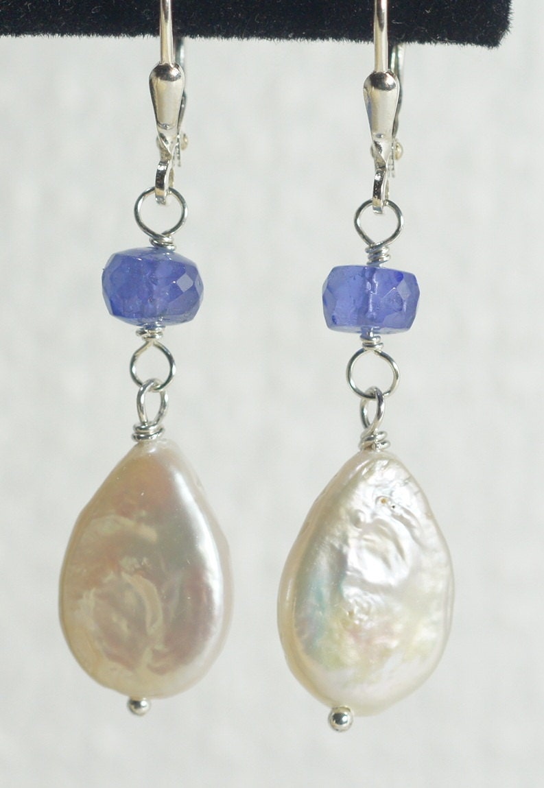Handmade Tanzanite Drop Earrings, Freshwater Pearl, Sterling Silver