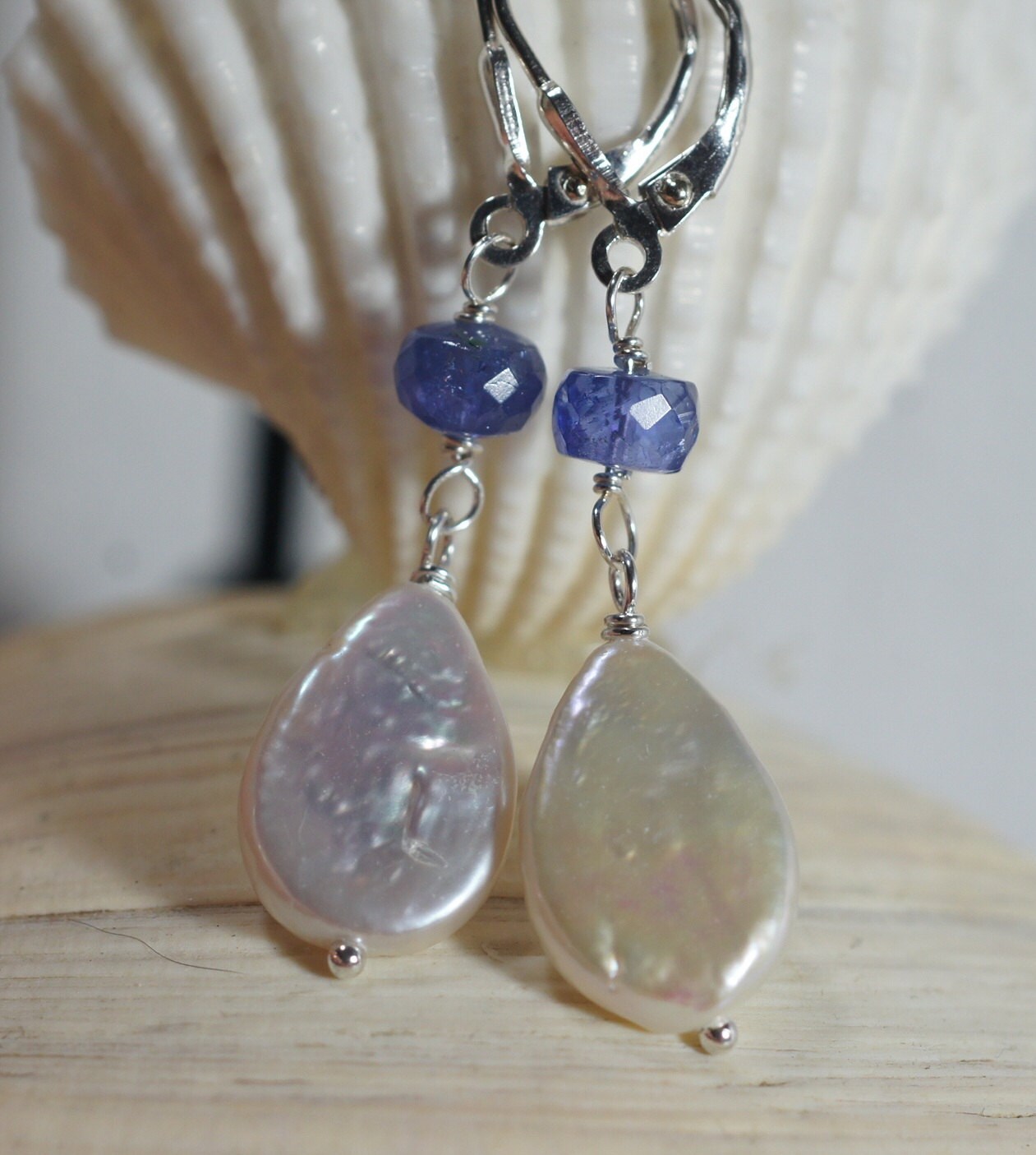 Handmade Tanzanite Drop Earrings, Freshwater Pearl, Sterling Silver