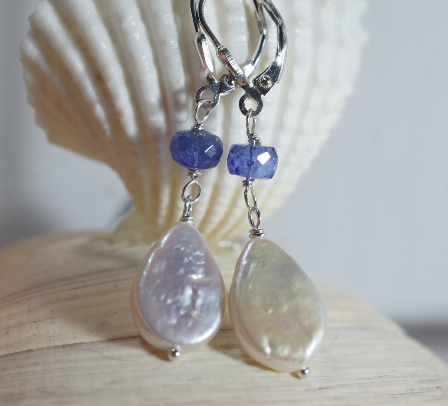 Handmade Tanzanite Drop Earrings, Freshwater Pearl, Sterling Silver