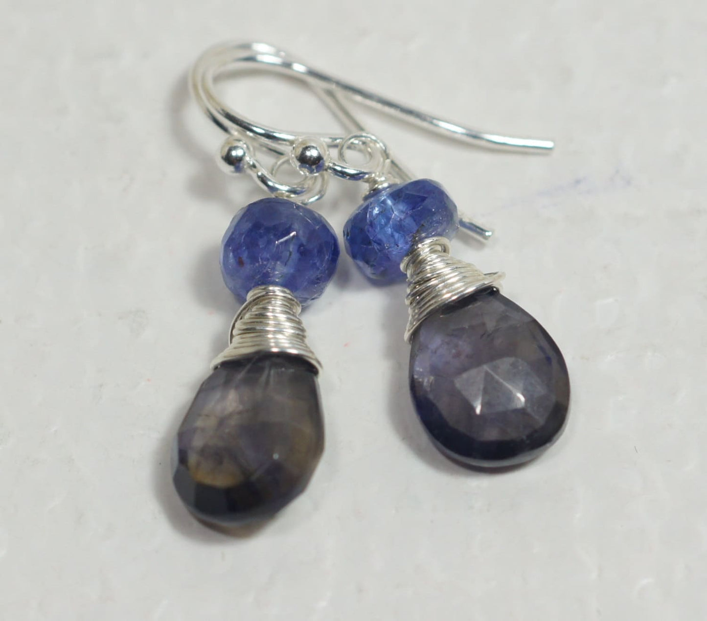 Handmade Tanzanite and Iolite Teardrop Earrings Multi Stone Gemstone Earrings Wire Wrapped Sterling Silver
