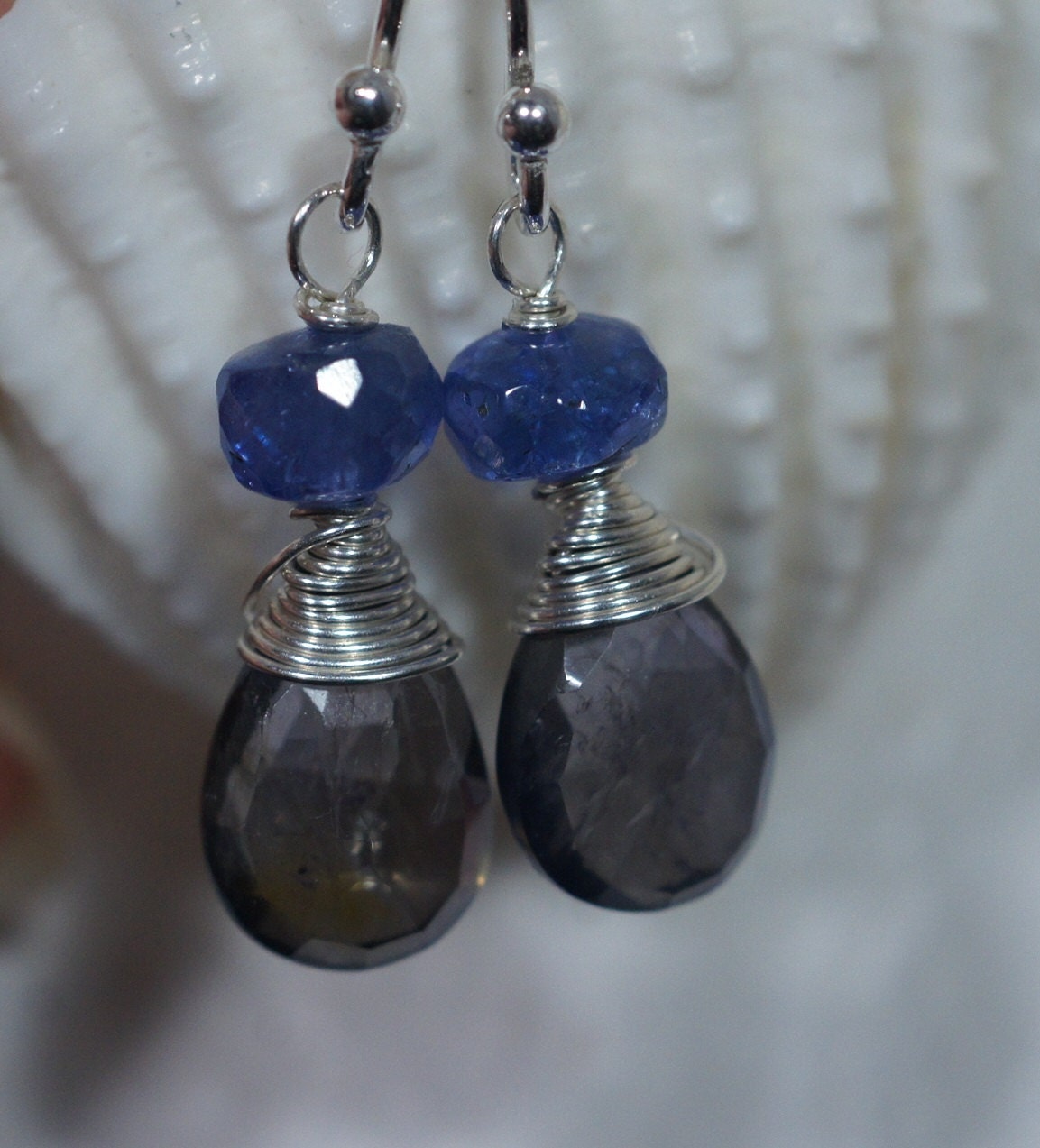 Handmade Tanzanite and Iolite Teardrop Earrings Multi Stone Gemstone Earrings Wire Wrapped Sterling Silver