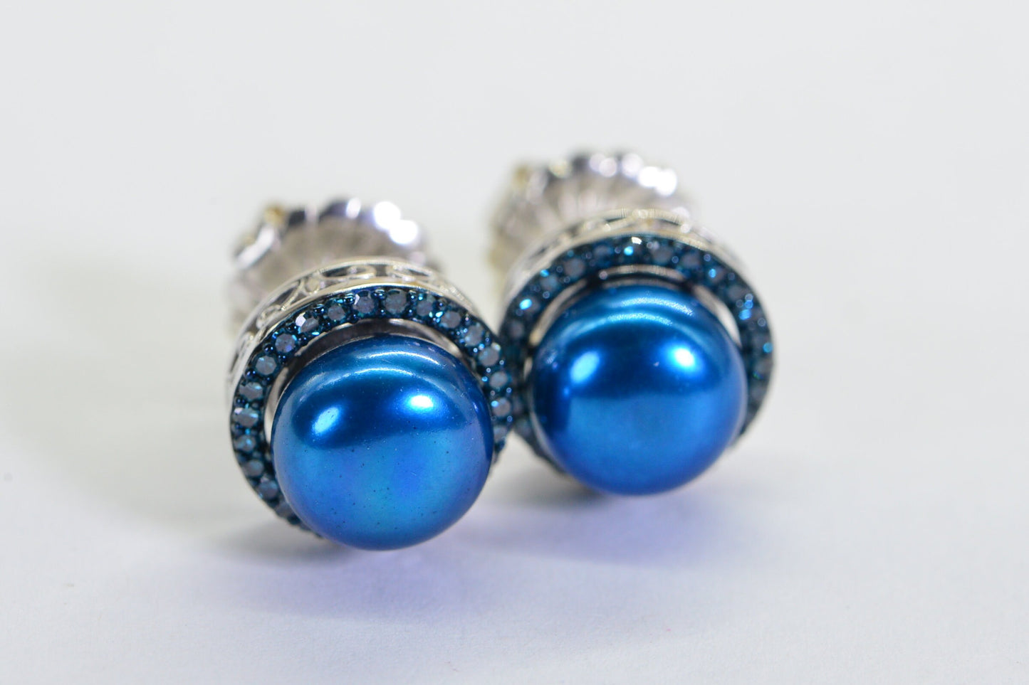 Blue Diamond Freshwater Pearl Stud Earrings: 14K White Gold over Sterling Silver