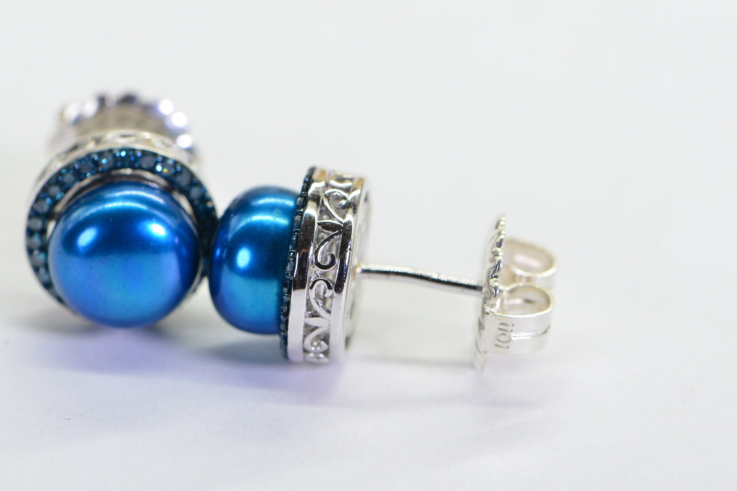 Blue Diamond Freshwater Pearl Stud Earrings: 14K White Gold over Sterling Silver