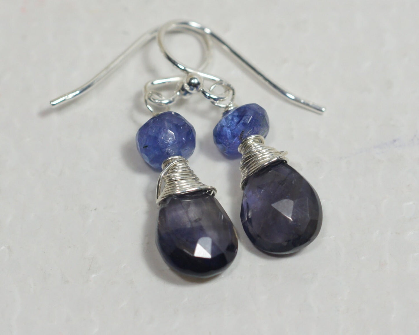 Handmade Tanzanite and Iolite Teardrop Earrings Multi Stone Gemstone Earrings Wire Wrapped Sterling Silver
