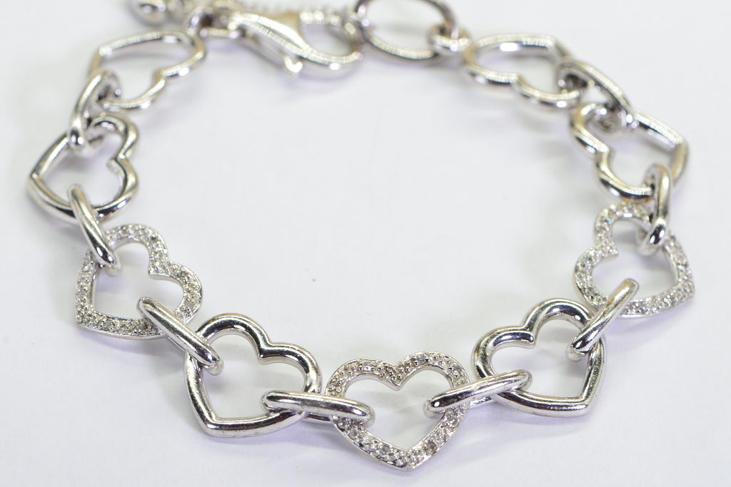 925 Sterling Silver - Genuine Diamonds Open Love Hearts Chain Heavy  Large Hearts Bracelet For Women Or Men Anniversary Gift