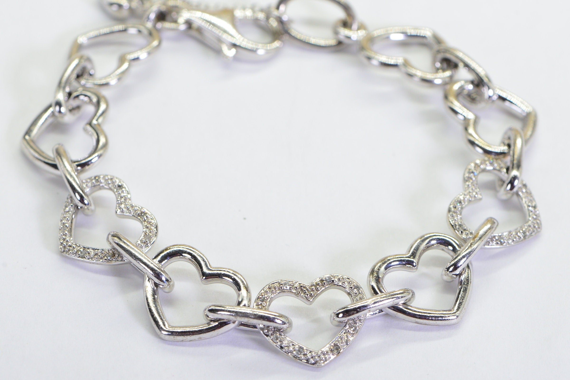 925 Sterling Silver - Genuine Diamonds Open Love Hearts Chain Heavy  Large Hearts Bracelet For Women Or Men Anniversary Gift