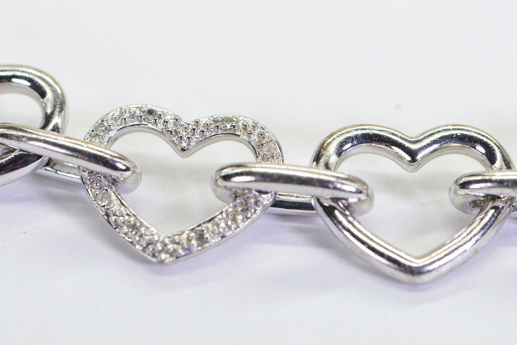 925 Sterling Silver - Genuine Diamonds Open Love Hearts Chain Heavy  Large Hearts Bracelet For Women Or Men Anniversary Gift