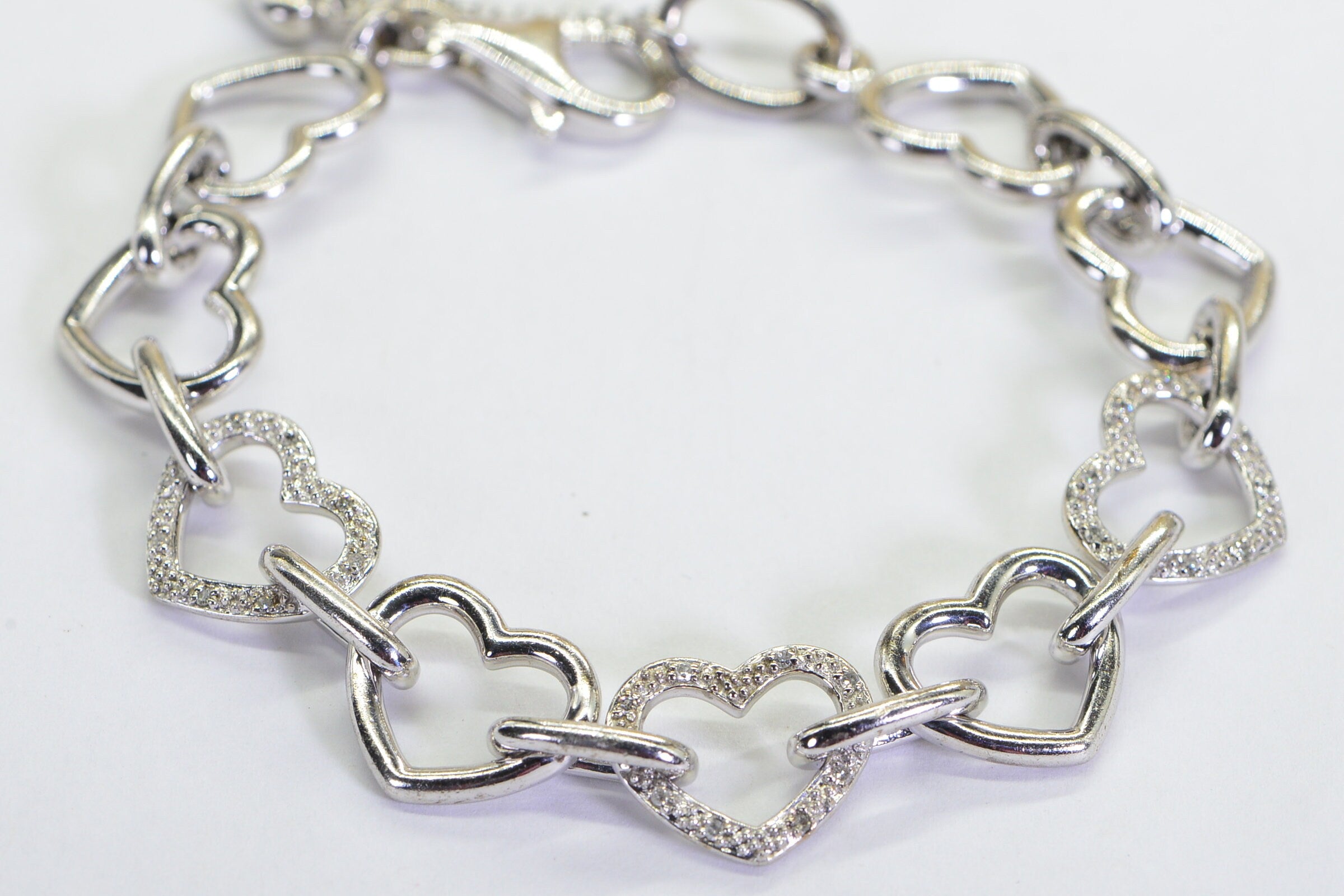 925 Sterling Silver - Genuine Diamonds Open Love Hearts Chain Heavy  Large Hearts Bracelet For Women Or Men Anniversary Gift