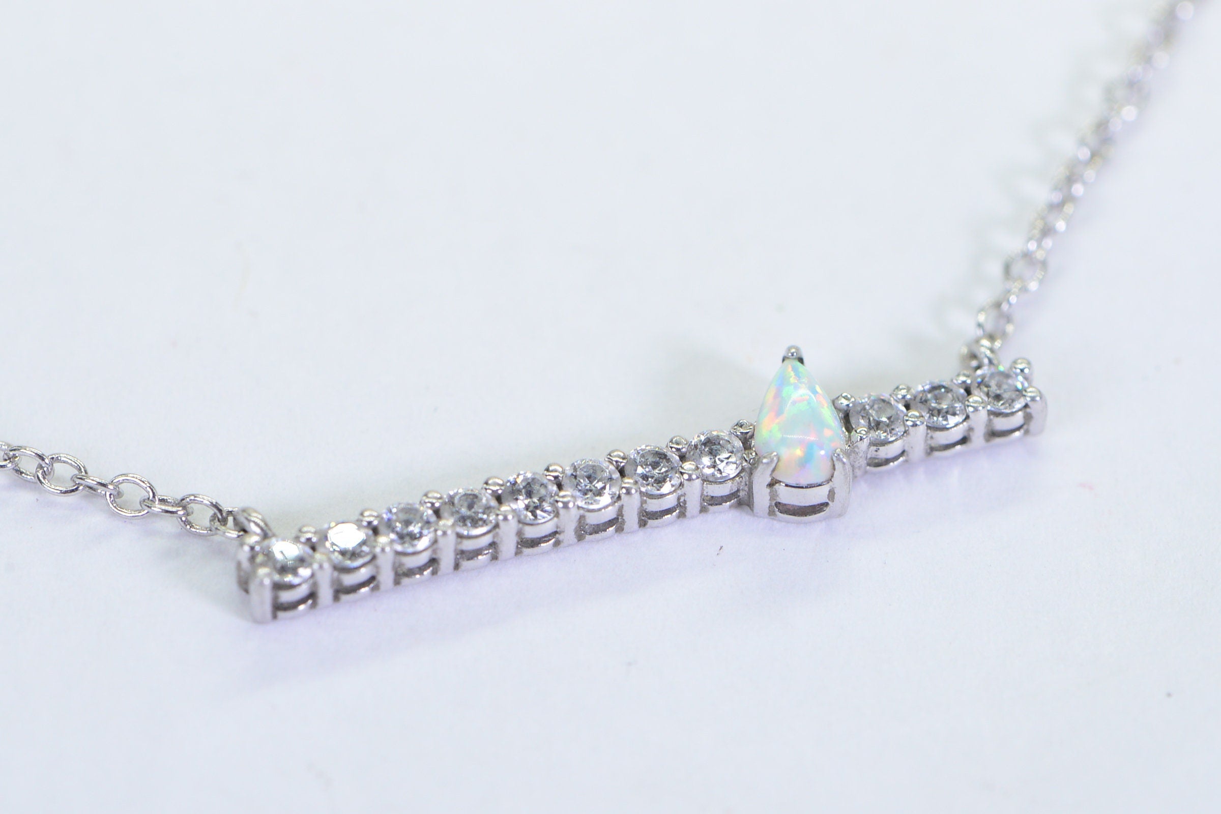 White Opal Necklace: Sterling Silver Simulated Diamond Bar Choker
