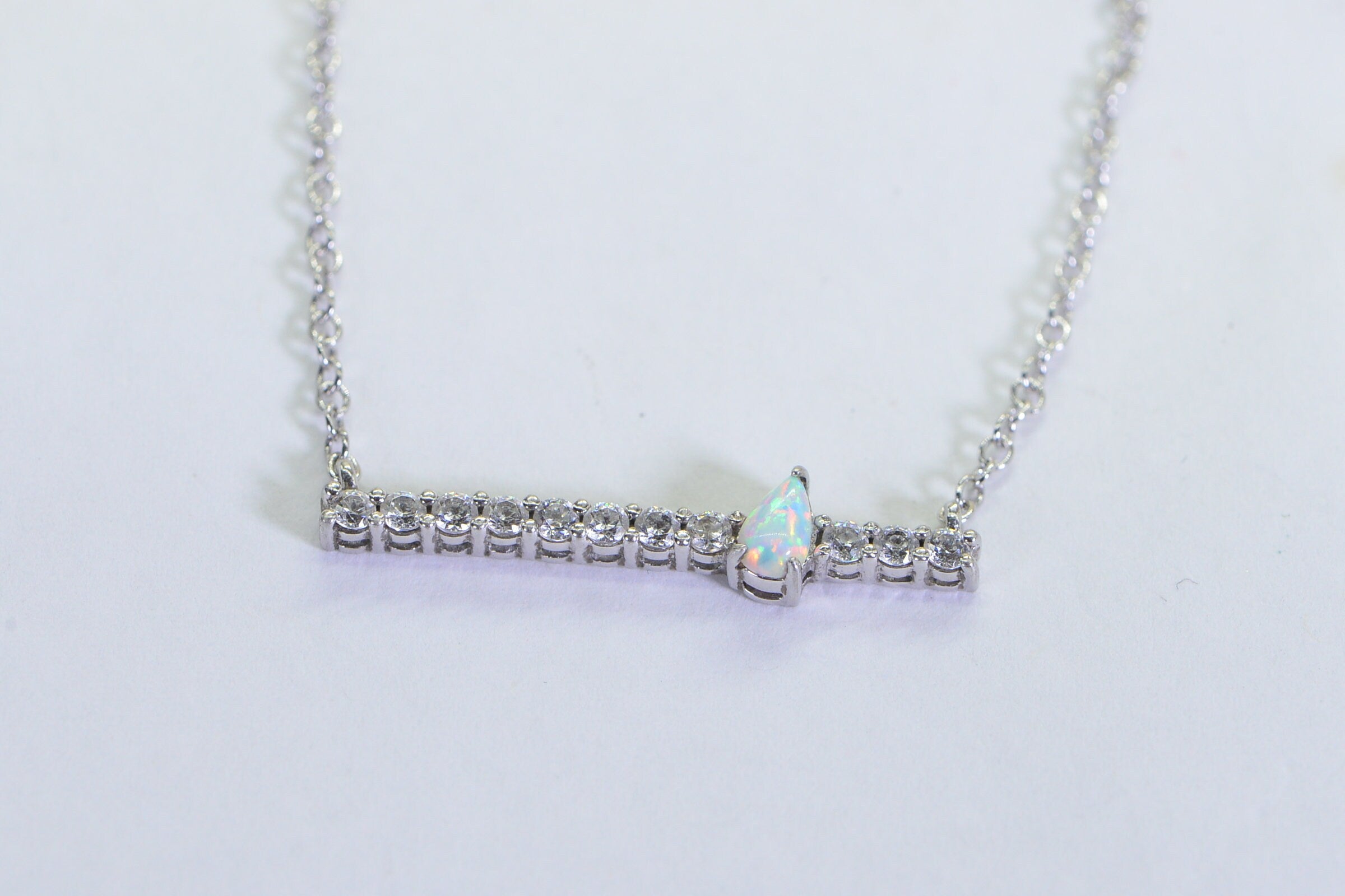White Opal Necklace: Sterling Silver Simulated Diamond Bar Choker