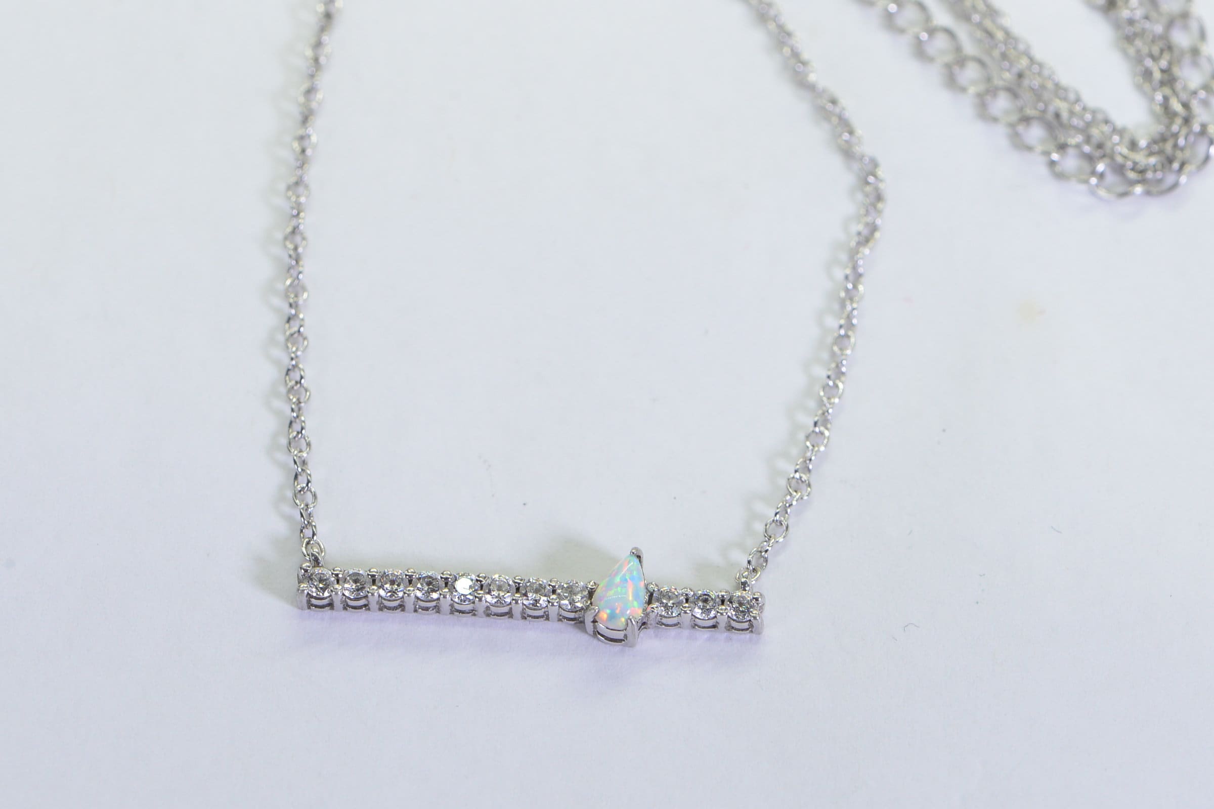 White Opal Necklace: Sterling Silver Simulated Diamond Bar Choker