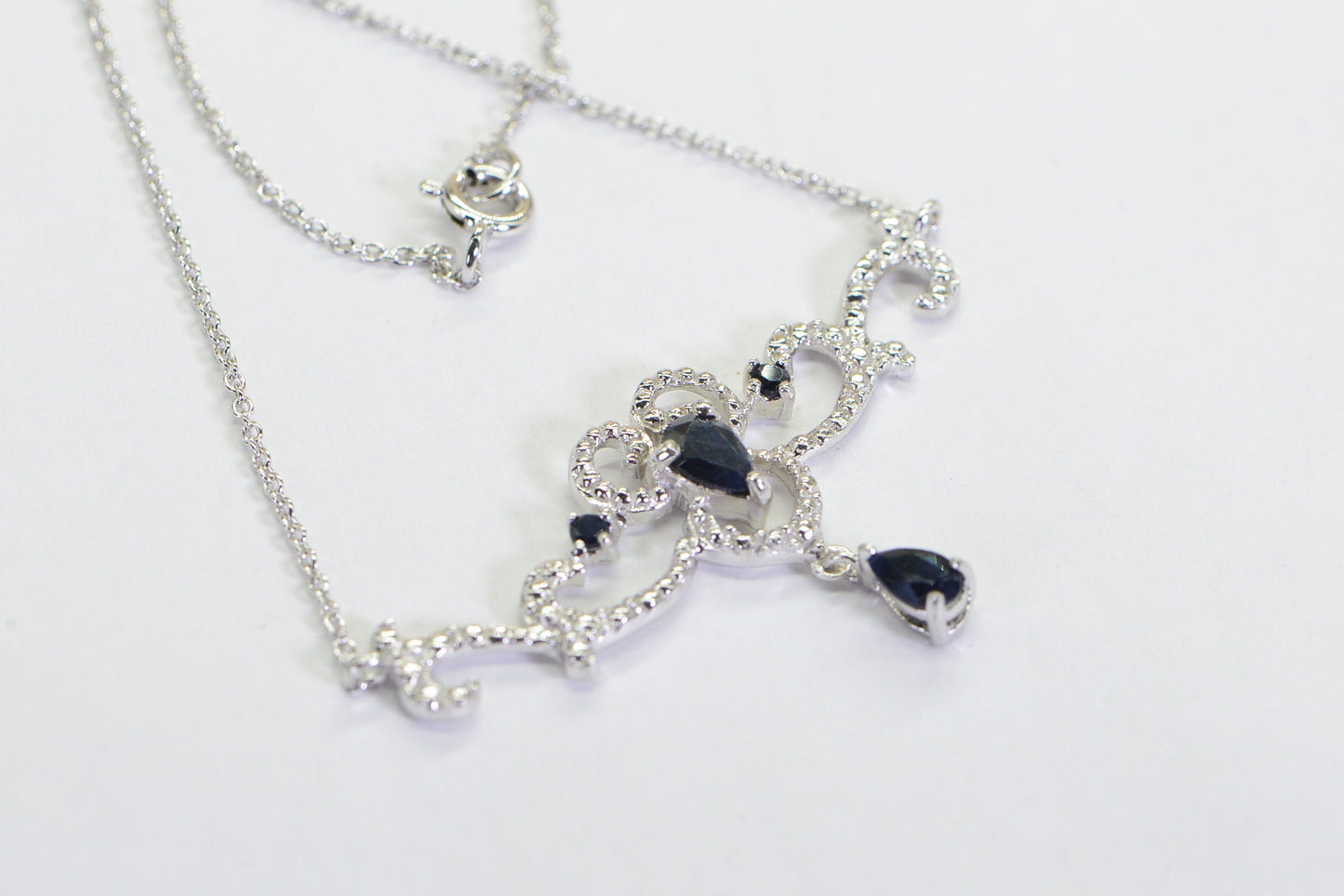 Sapphire Teardrop Necklace: Sterling Silver Filigree, Vintage Style