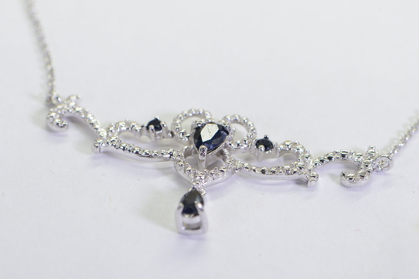 Sapphire Teardrop Necklace: Sterling Silver Filigree, Vintage Style
